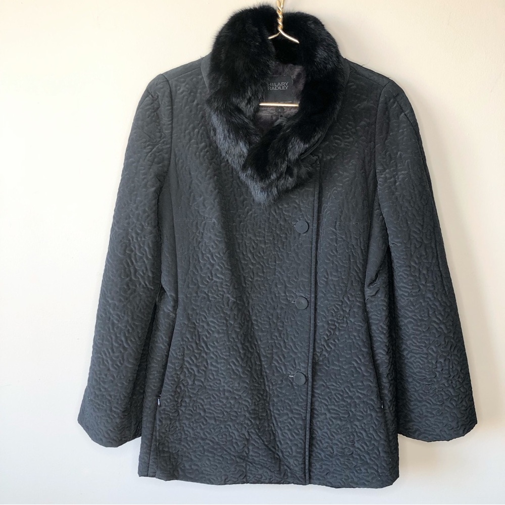 Vintage Hilary Radley Black Quilted Rabbit Fur Collar Jacket Coat 4